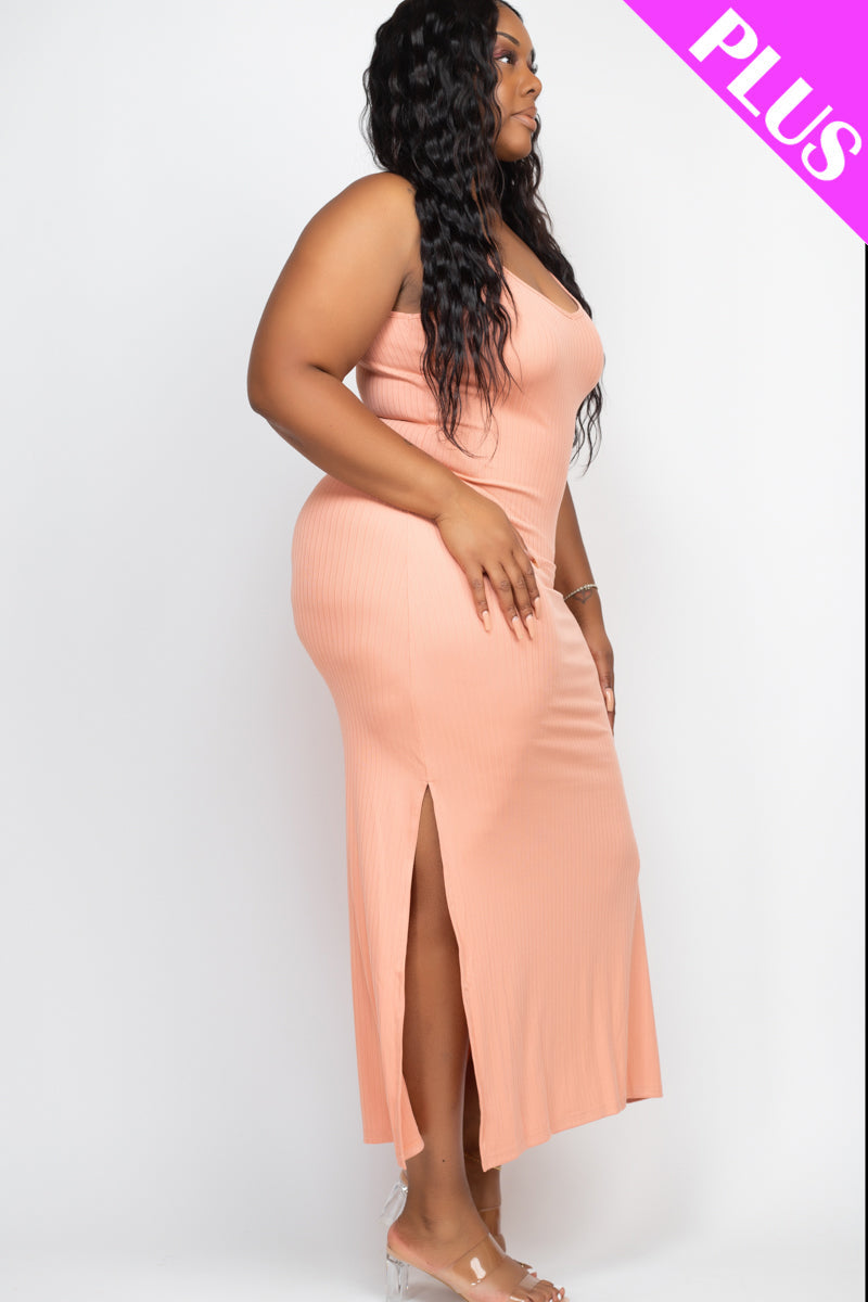 PLUS SIZE Ribbed Side Slit Long Cami Dress (CAPELLA)-1