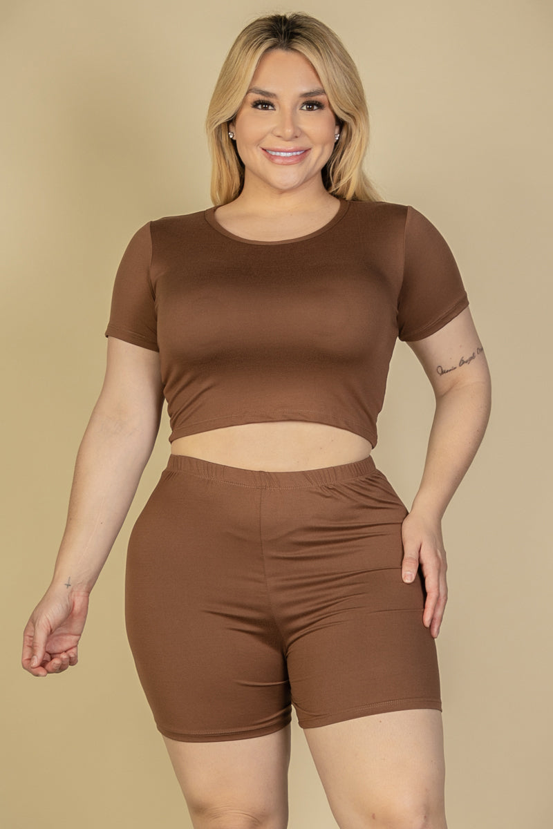 Plus Size Short Sleeve Crop Top & Shorts Set (CAPELLA)-0