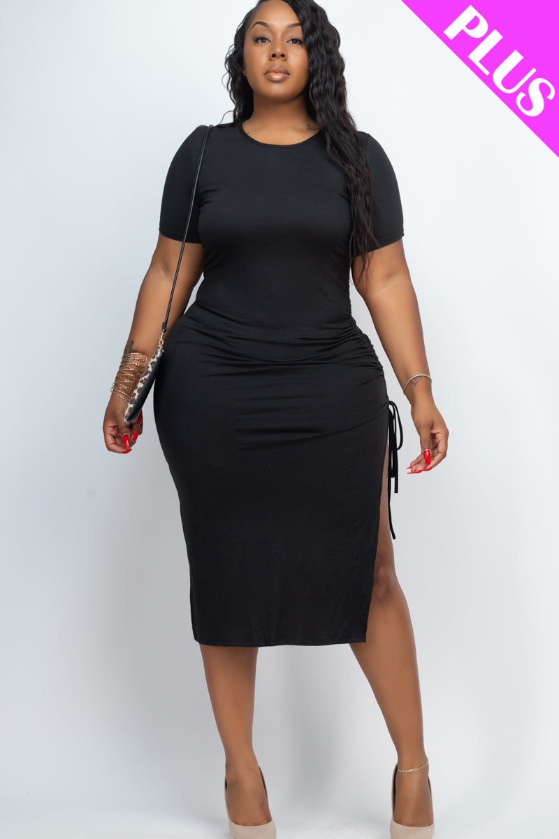 Plus Size Drawstring Ruched Side Split Hem Midi Dress (CAPELLA)-5