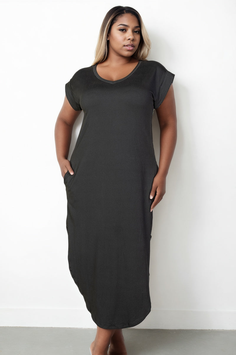 Plus Size Hidden Pocket Batwing Sleeve V Neck Long Dress (CAPELLA)-4