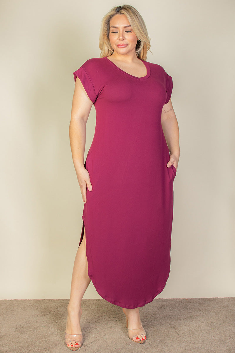 Plus Size Hidden Pocket Batwing Sleeve V Neck Long Dress (CAPELLA)-3