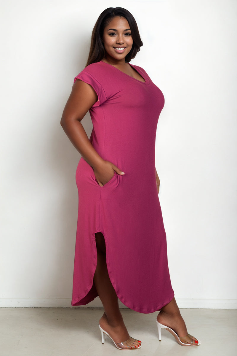 Plus Size Hidden Pocket Batwing Sleeve V Neck Long Dress (CAPELLA)-1