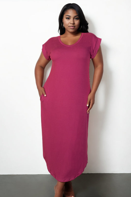 Plus Size Hidden Pocket Batwing Sleeve V Neck Long Dress (CAPELLA)-0