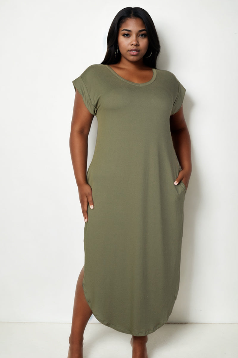 Plus Size Hidden Pocket Batwing Sleeve V Neck Long Dress (CAPELLA)-6